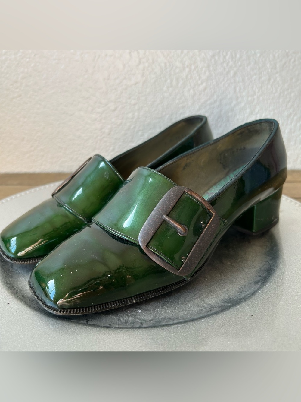 Green Patent Leather look block heel loafers with buckle detail